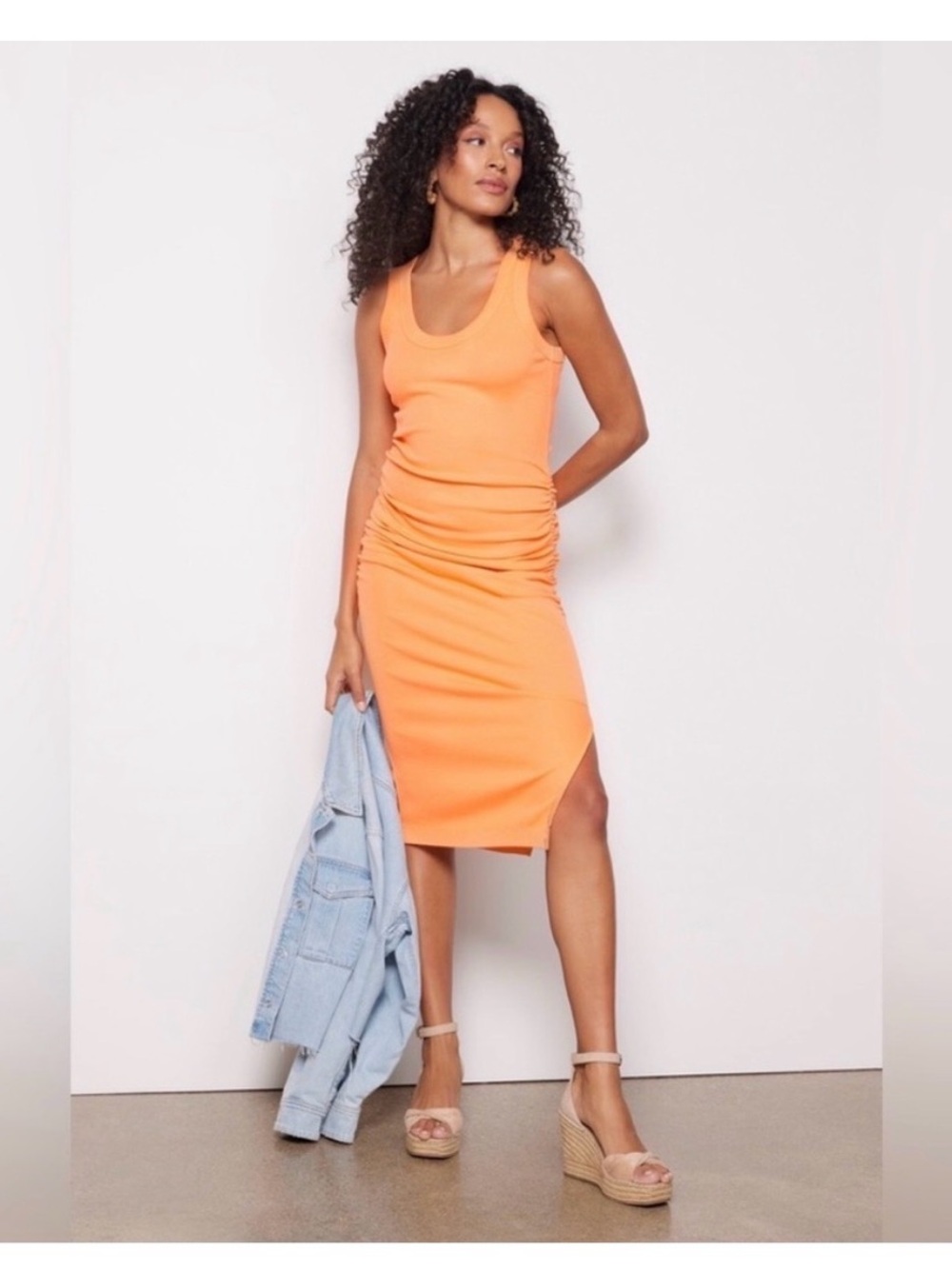 Michael Stars Ulla Orange Sleeveless Ruched Midi Dress